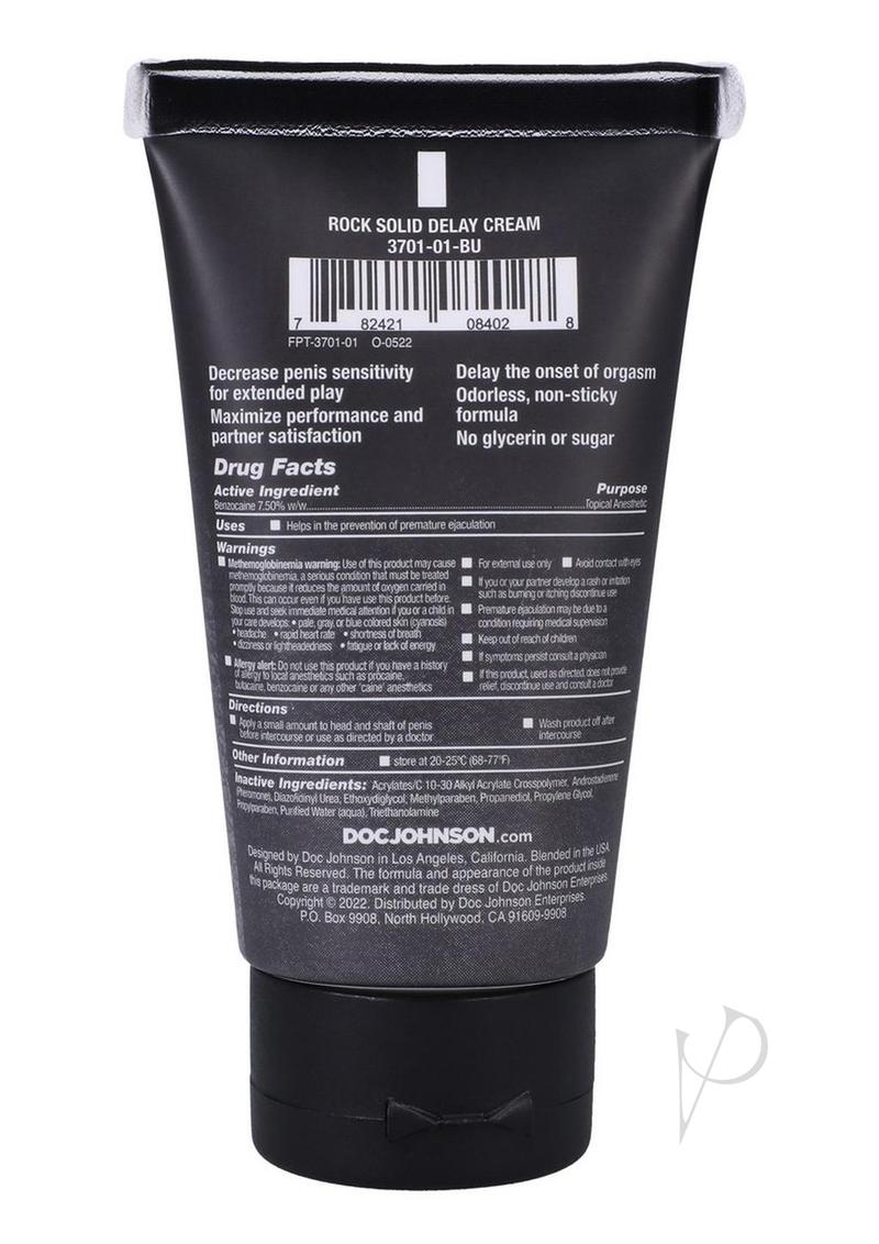 Rock Solid Delay Cream Desensitizer 2 Oz product packaging features instructions and benefits for enhanced intimate play.