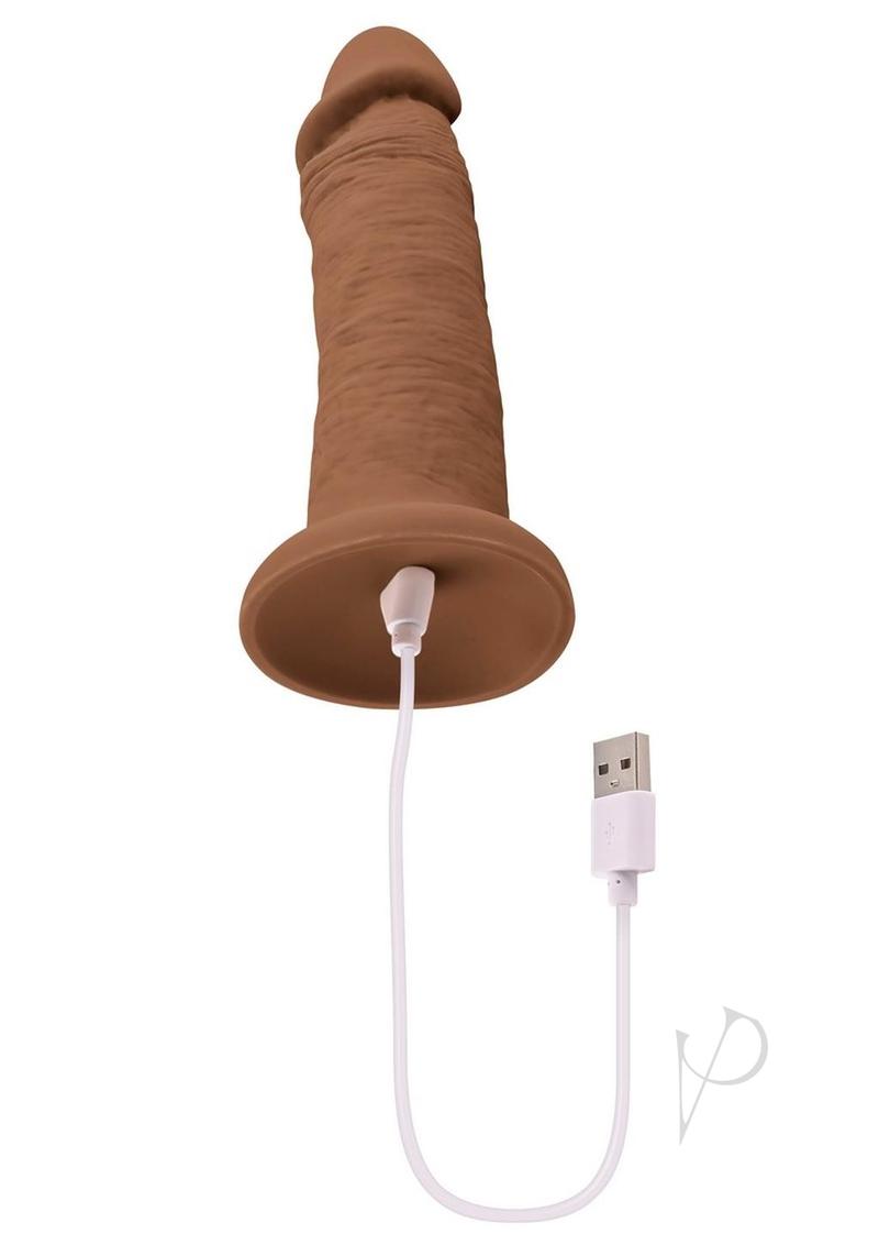 Vibrating Rechargeable Silicone Dildo 6 inch Caramel with USB charging cable and detailed texture.