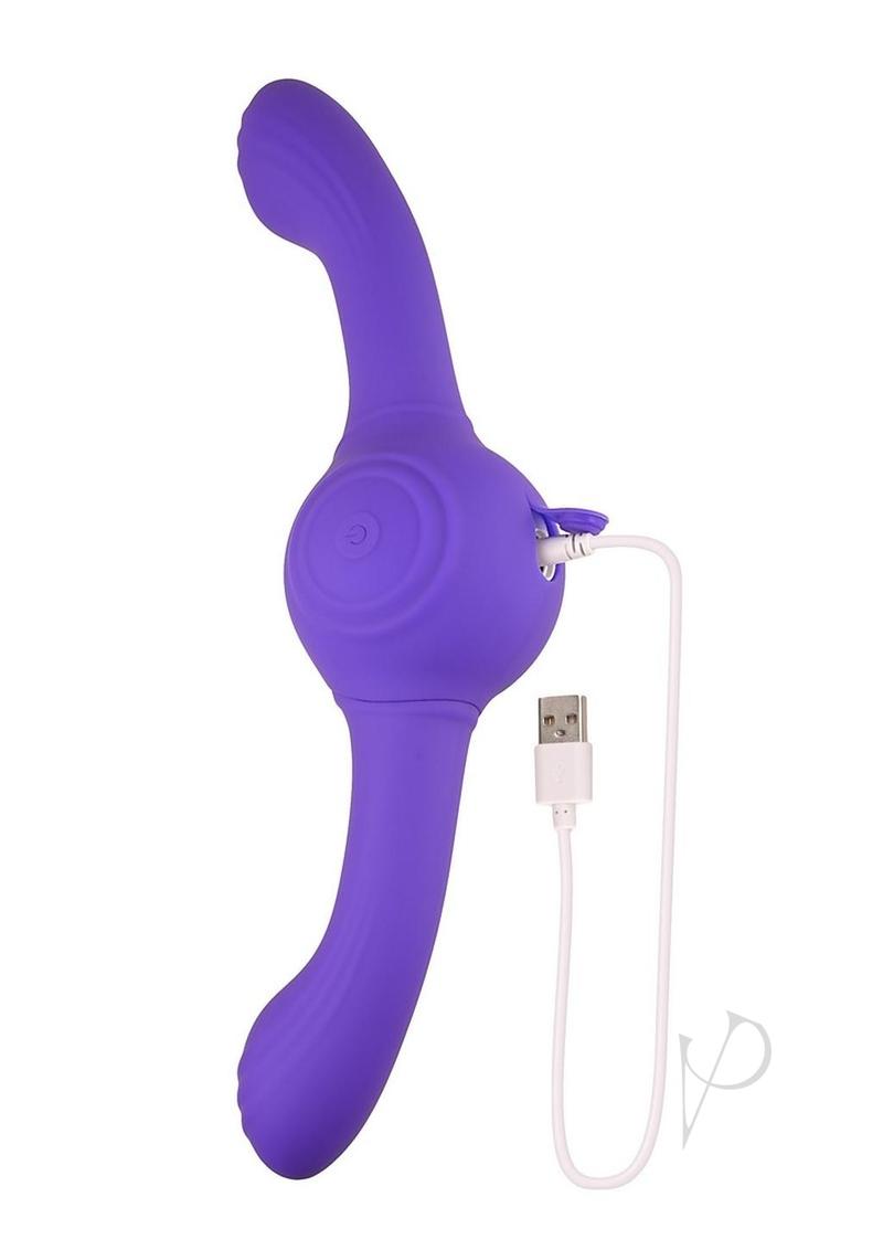 Our Gyro Vibe Rechargeable Silicone Dual End Vibrator Purple with USB charging cable.