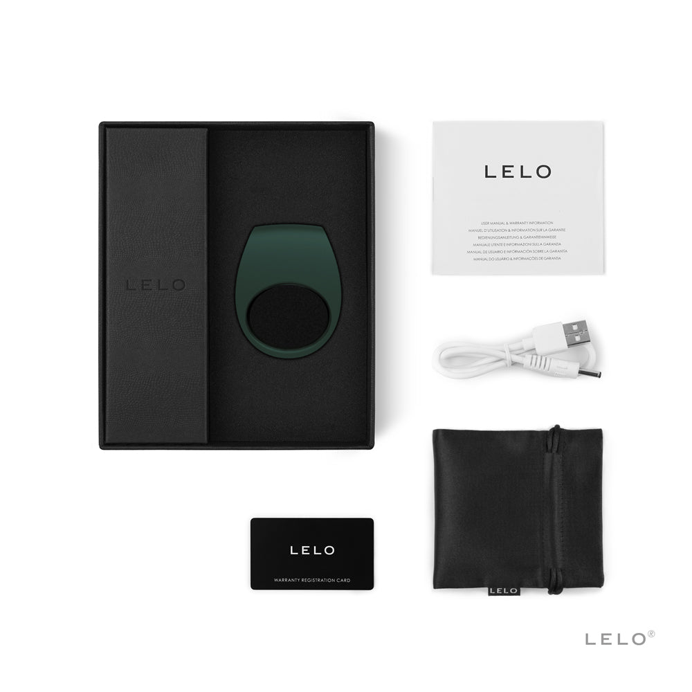 Lelo Tor 2 Green Vibrating Couples Cock Ring packaging with accessory card, storage pouch, and USB charger.