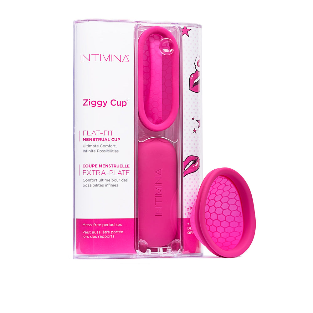 Intimina Ziggy Cup Reusable Menstrual Cup packaging with flat-fit design in vibrant pink color.