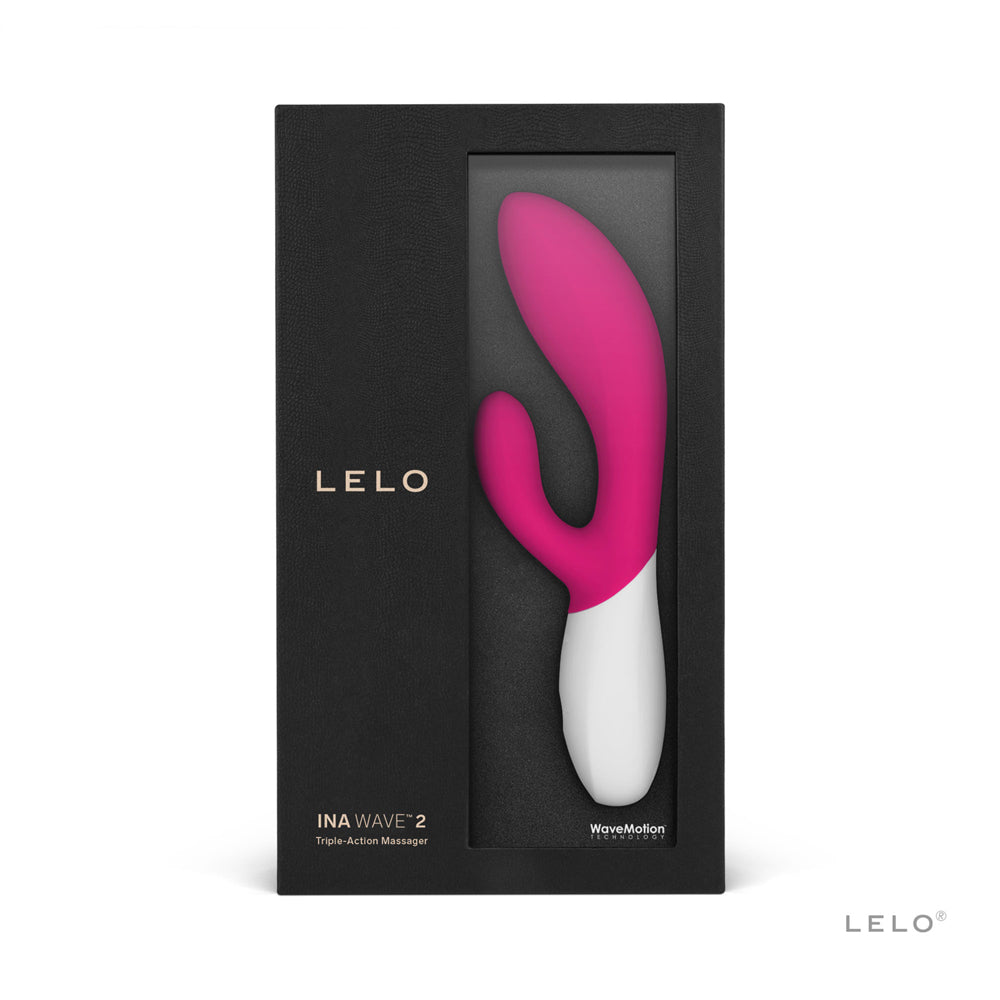Lelo Ina Wave 2 Rabbit Vibrator Cerise packaged in sleek black box showcasing design and features.