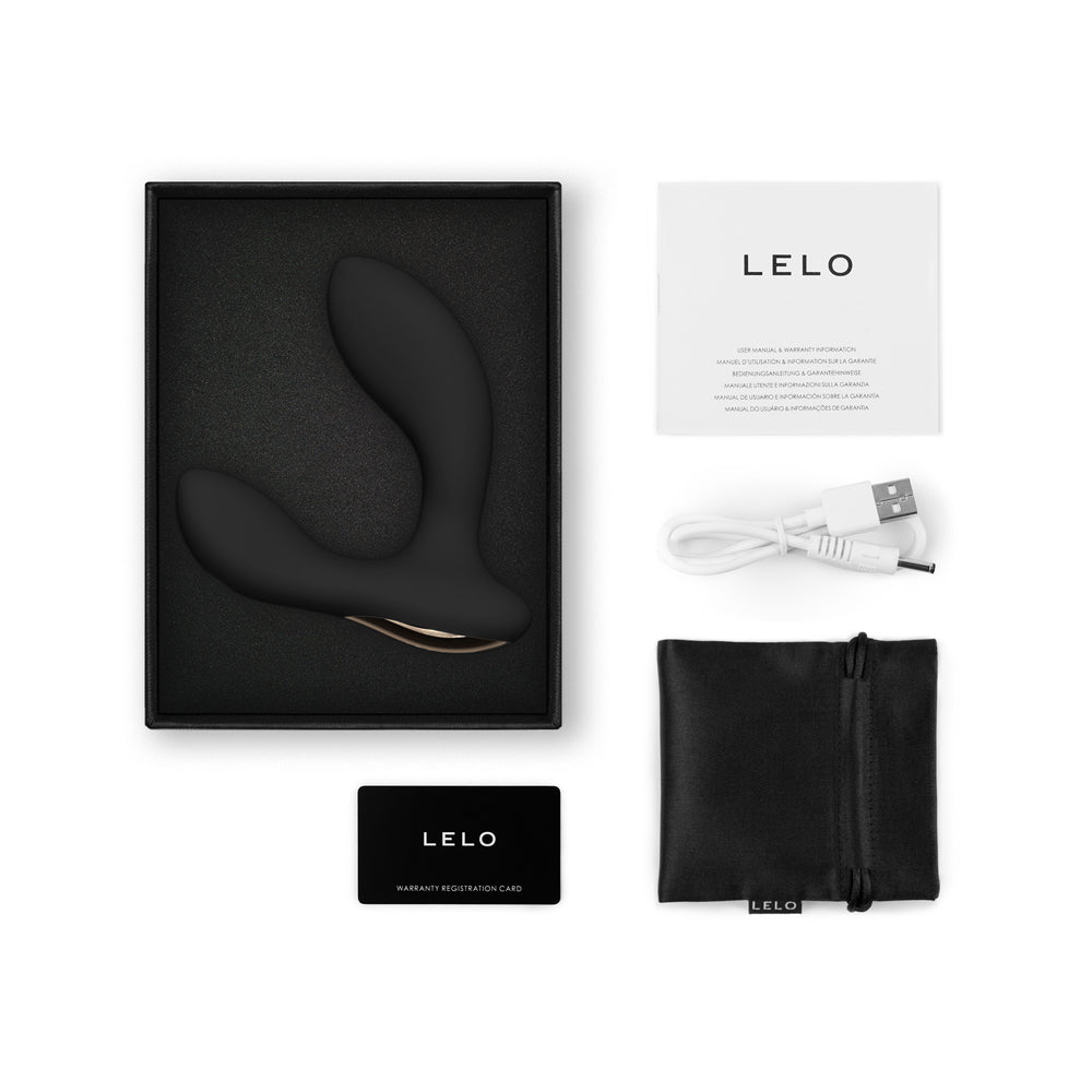 Lelo Hugo 2 App-Connected Prostate Massager Black in box with accessories including USB charging cable and instructions.