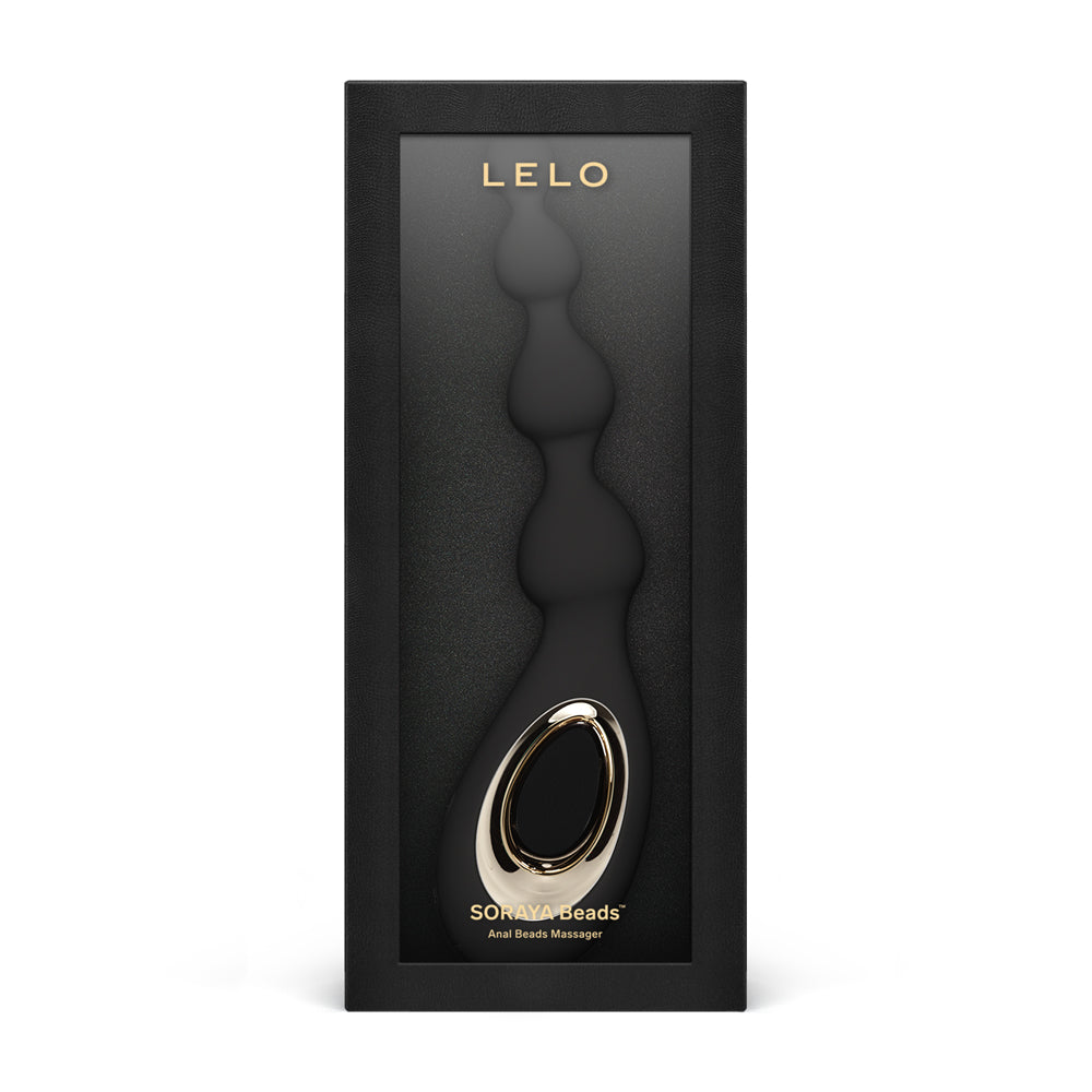 Lelo Soraya Beads Vibrating Anal Massager Black elegantly packaged with sculpted beads for anal play.