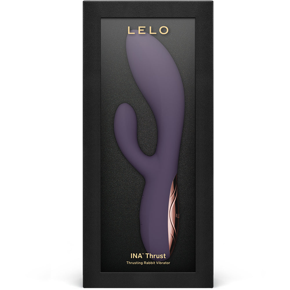 Lelo Ina Thrust Thrusting Rabbit Vibrator Purple in elegant packaging showcasing its ergonomic design.
