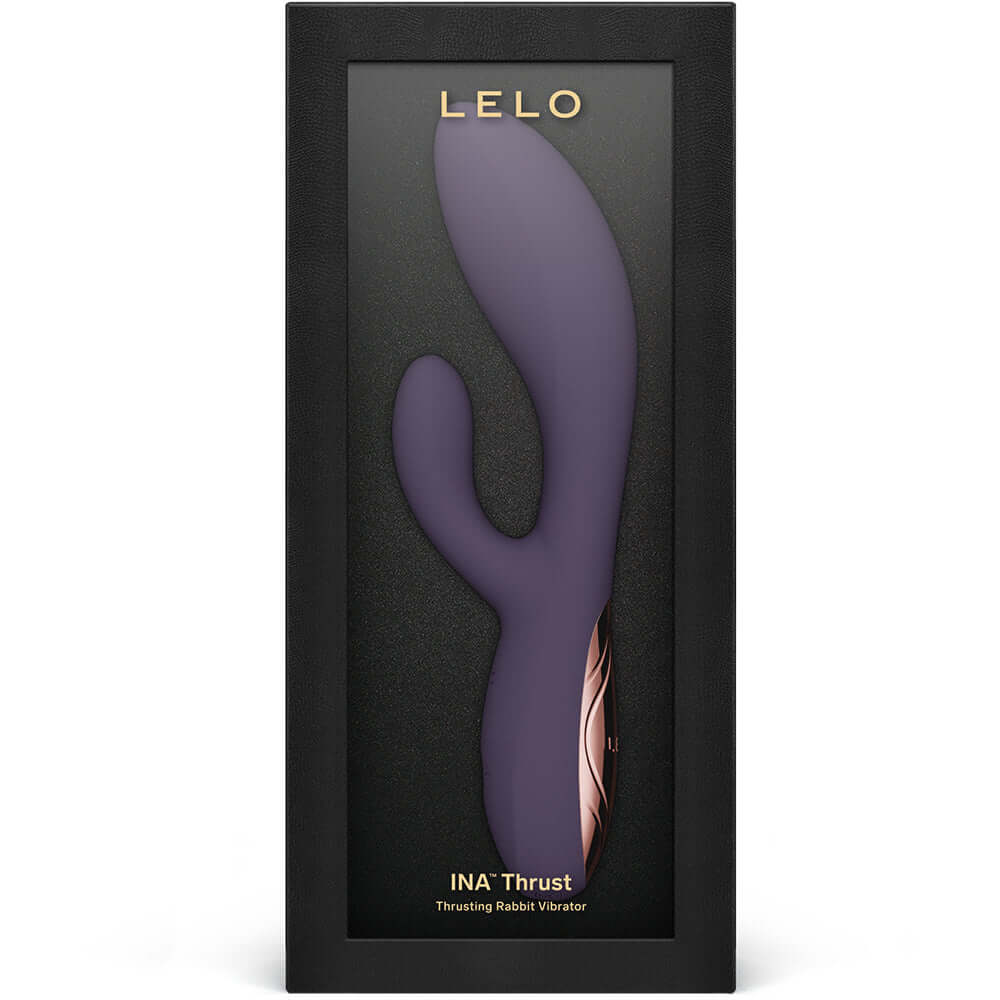 Lelo Ina Thrust Thrusting Rabbit Vibrator Purple in elegant packaging showcasing its ergonomic design.