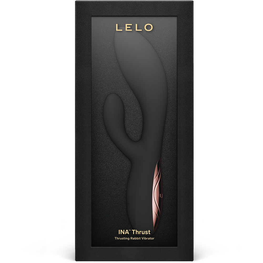 Lelo Ina Thrust Thrusting Rabbit Vibrator Black displayed in elegant packaging with sleek design.