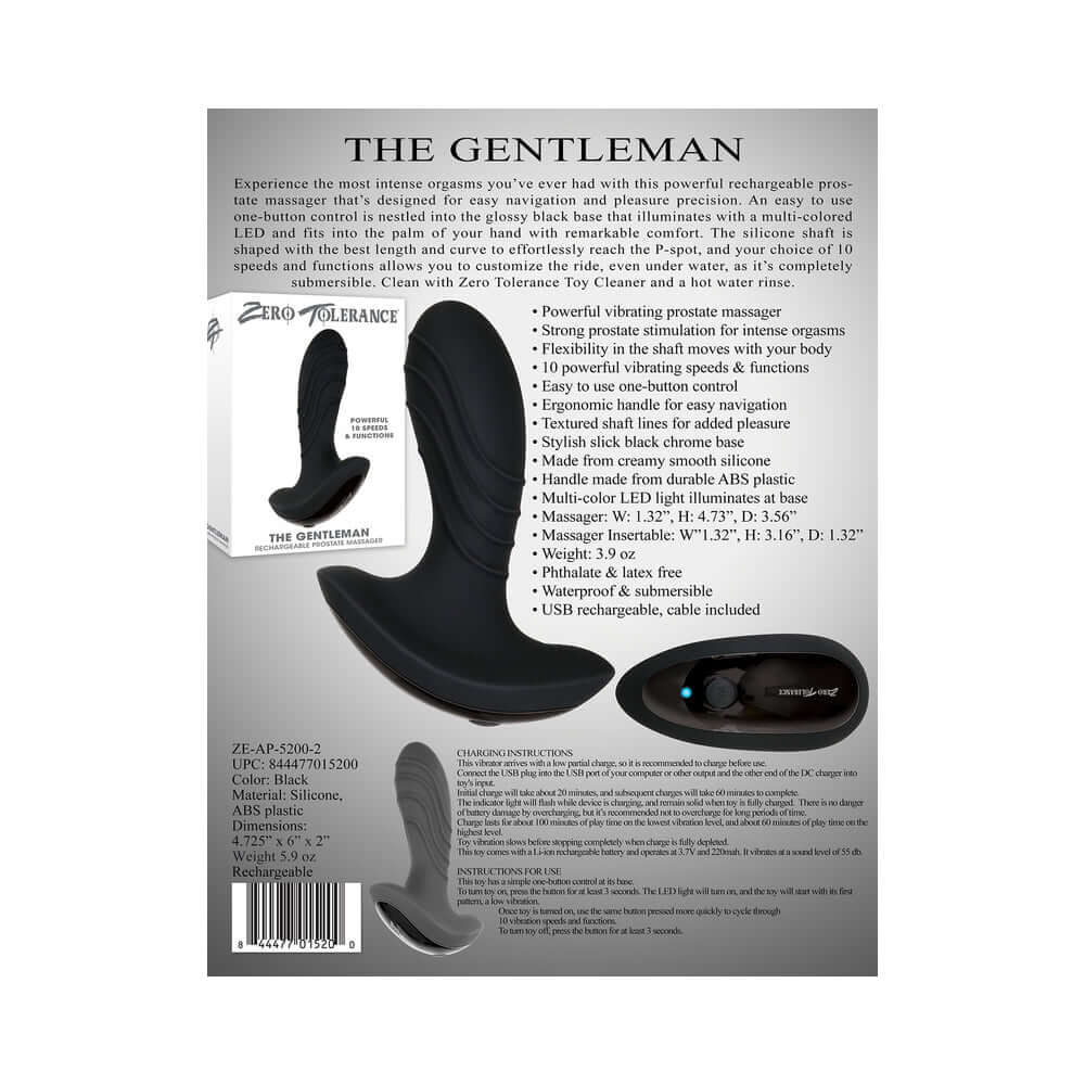 Zero Tolerance The Gentleman Rechargeable Vibrating Silicone Prostate Massager Black