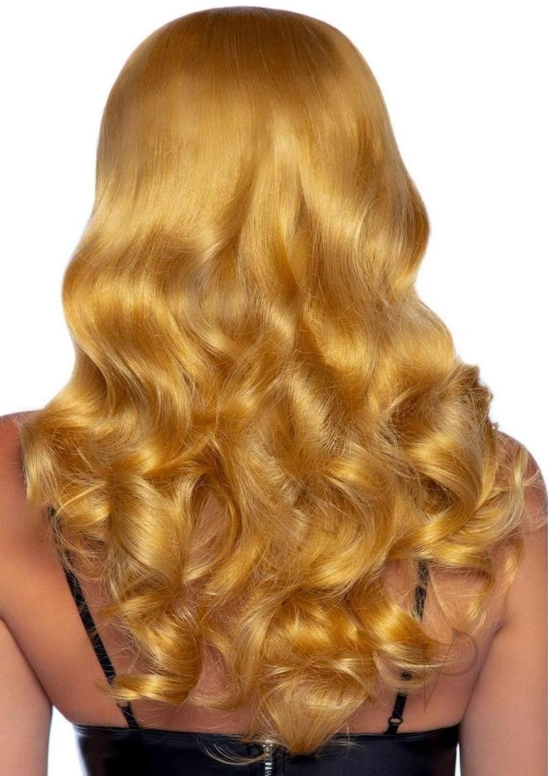 Leg Avenue Misfit Long Wavy Bang Wig Blonde showcasing beautiful long wavy hair from the back, featuring vibrant blonde tones.