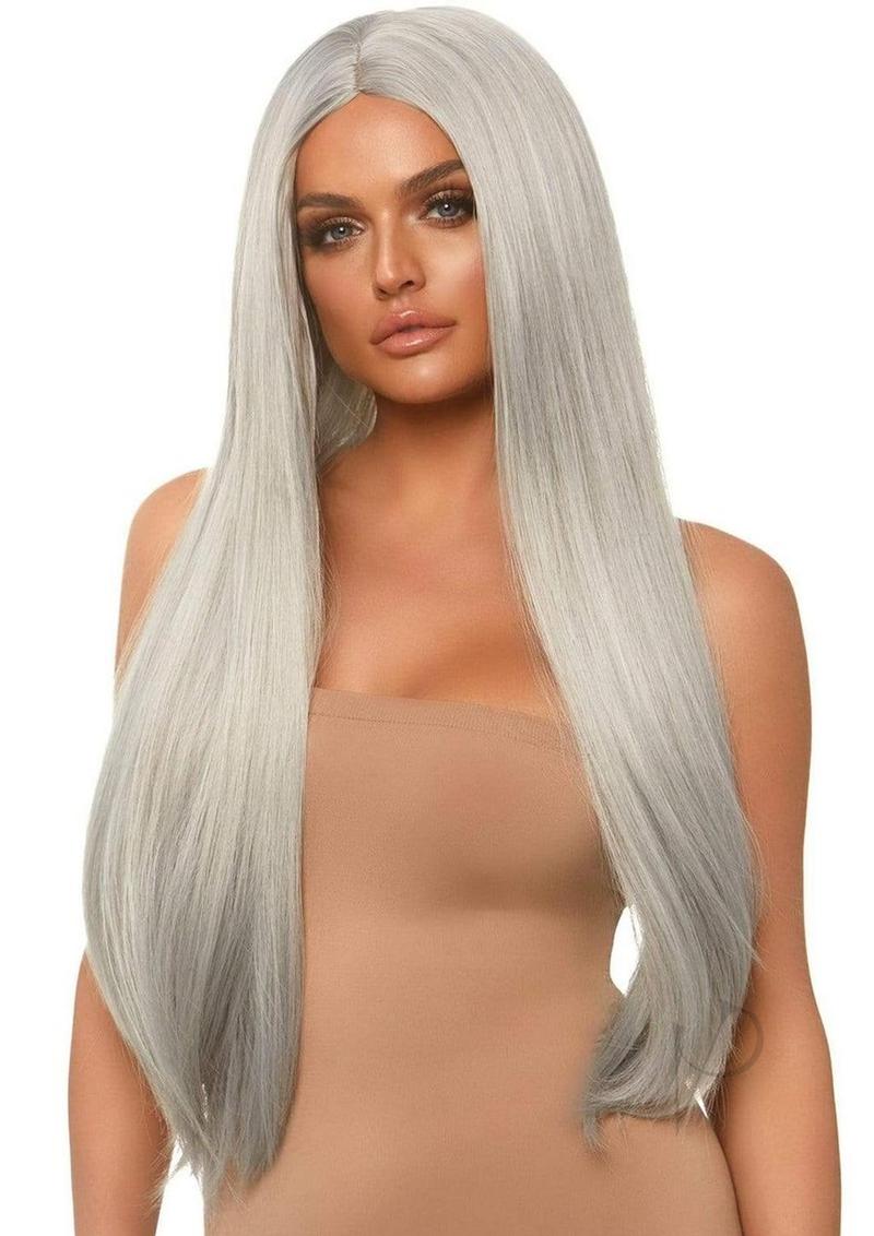 Leg Avenue Long Straight 33 inches Center Part Wig Grey model wearing a long grey wig with silky straight hair