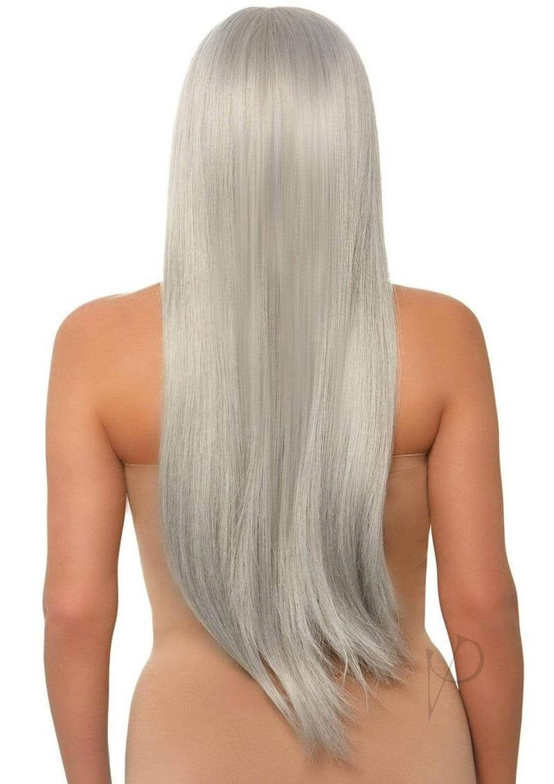Leg Avenue Long Straight 33 inches Center Part Wig Grey displayed from the back, showcasing long, silky, straight hair.
