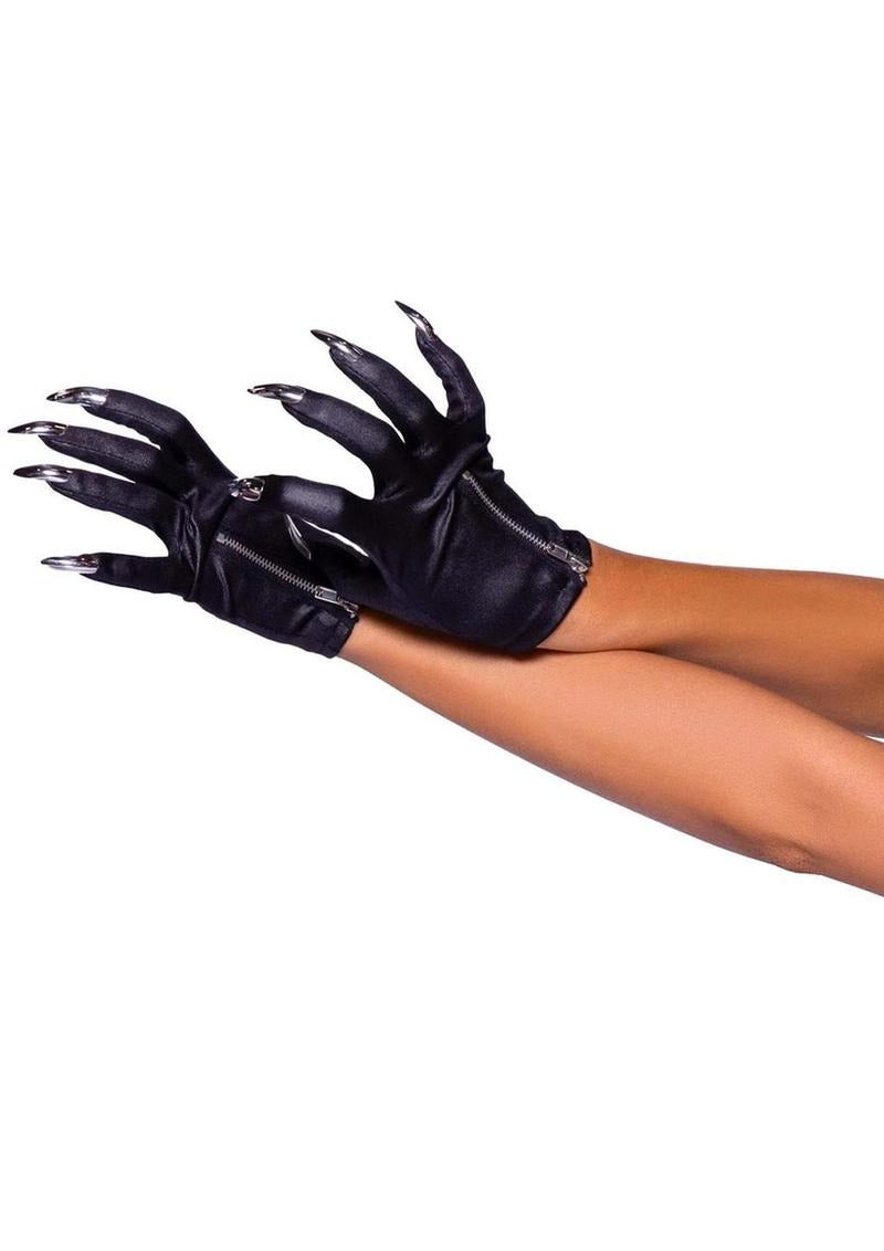 Leg Avenue Zip-Up Claws Gloves OS Black with clawed fingertips and zipper detail for a sexy Halloween look.