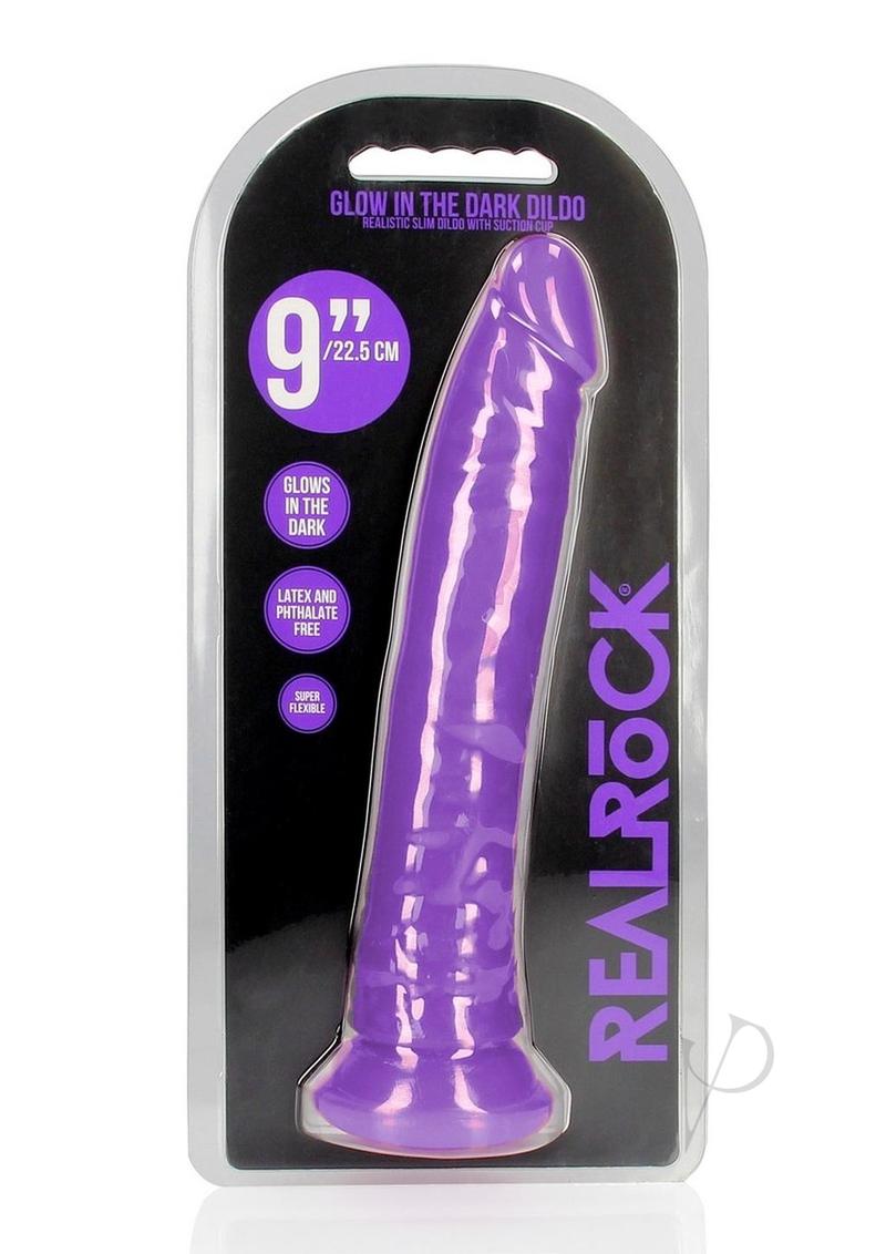 RealRock Glow in the Dark Dildo Suction Cup 9 inch Purple packaging featuring 9 inch glow-in-the-dark dildo.