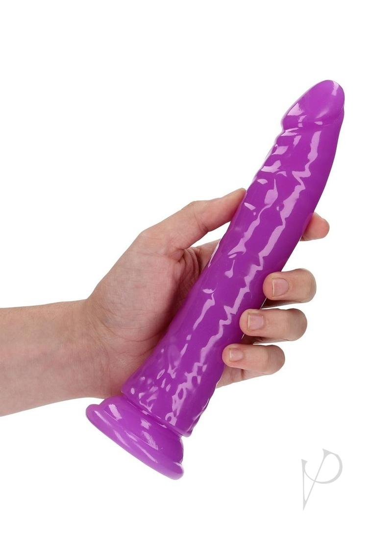 RealRock Glow in the Dark Dildo Suction Cup 9 inch Purple held in hand