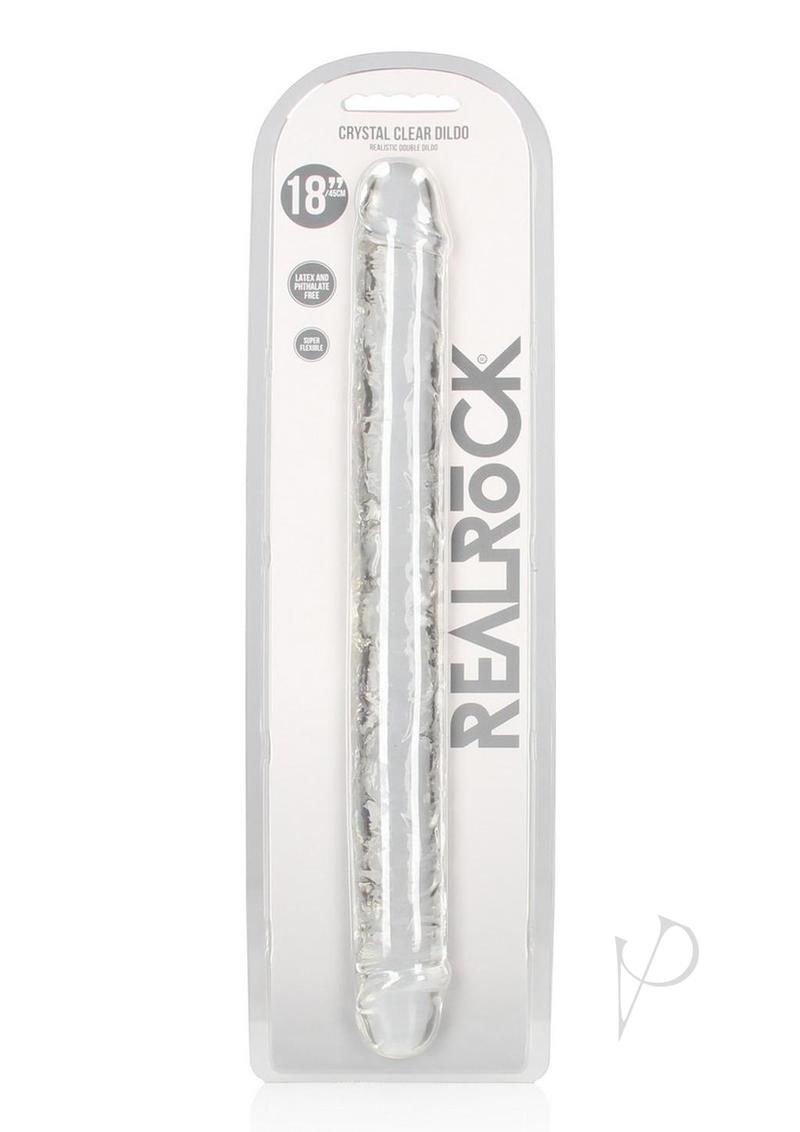 RealRock Crystal Clear Double Dong 18 inch Clear in packaging, showcasing its transparent design and versatility.