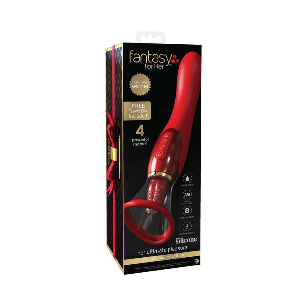 Fantasy For Her 24k Gold Luxury Edition Her Ultimate Pleasure Red packaging display with massager and features.