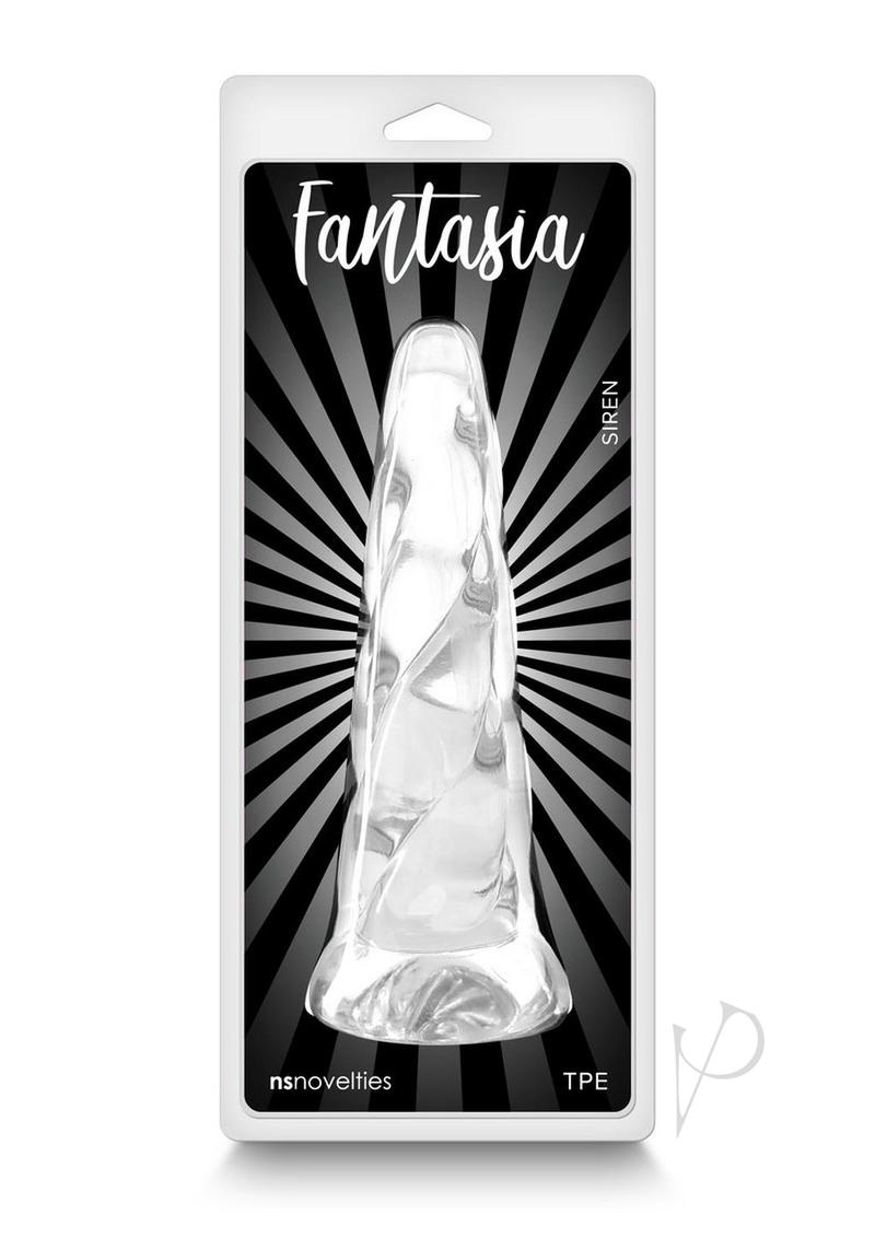 Fantasia Siren 6.81 Inch TPE Suction Cup Dildo Clear in packaging with a stylish design.