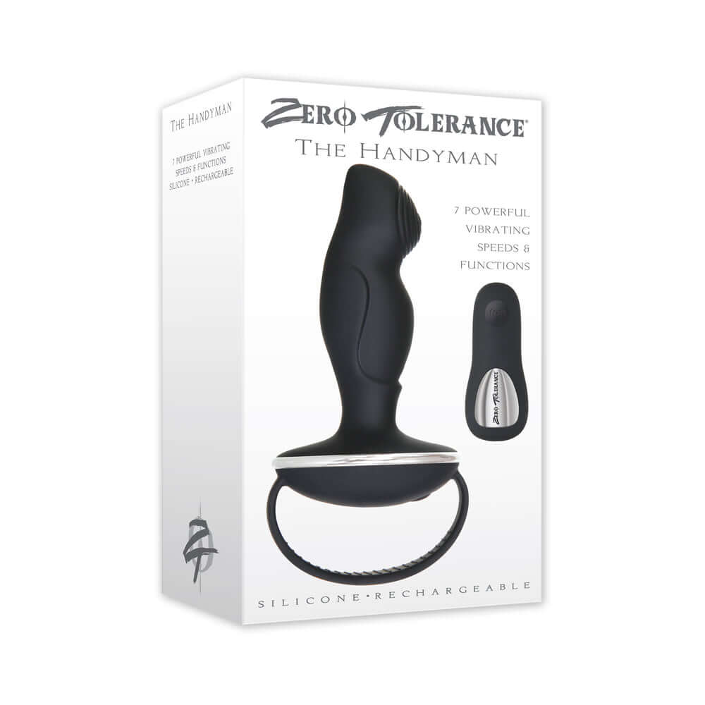 Zero Tolerance The Handyman Vibrating Prostate Massager packaging showcasing 7 powerful vibrating speeds and functions.