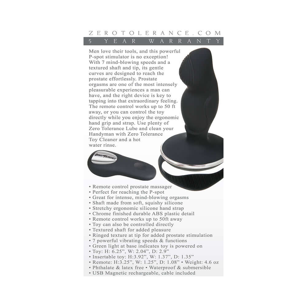 Zero Tolerance The Handyman Vibrating Prostate Massager with remote control for P-spot stimulation.