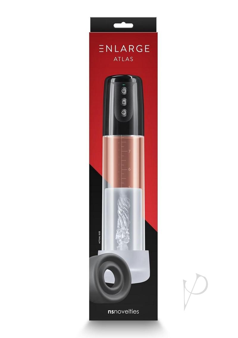 Enlarge Atlas Battery Operated Penis Pump packaging with measurement indicator and accessory.