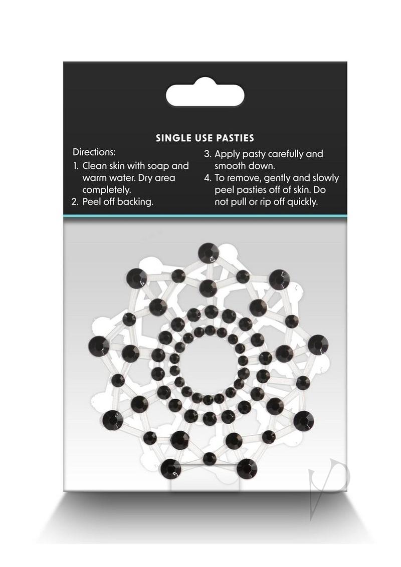 Pretty Pasties Charm III Nipple Covers Black packaging with application instructions and design details.