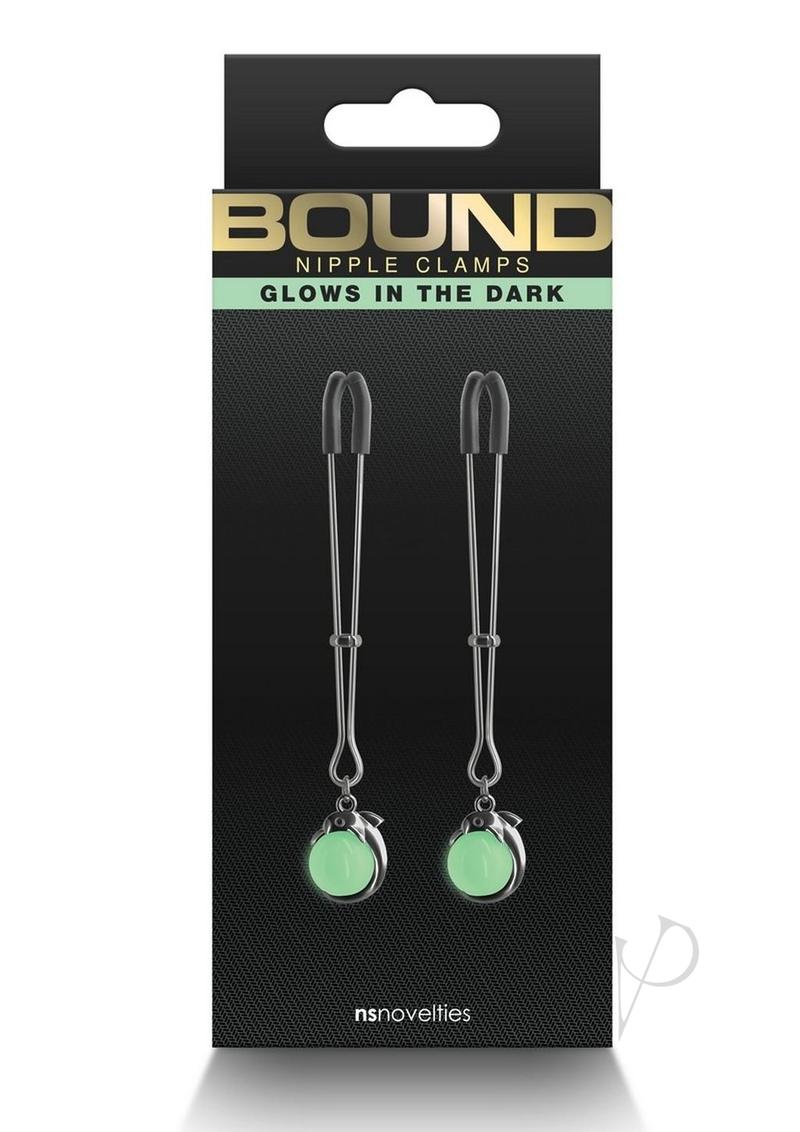 Bound Nipple Clamps G1 Iron Glow in the Dark Gray packaging featuring glowing clamps for erotic sensation play.