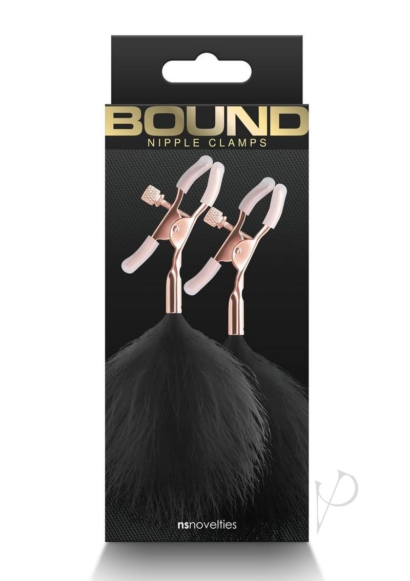 Bound Nipple Clamps F1 Rose Gold and Black packaging featuring elegant nipple clamps with fur accents.