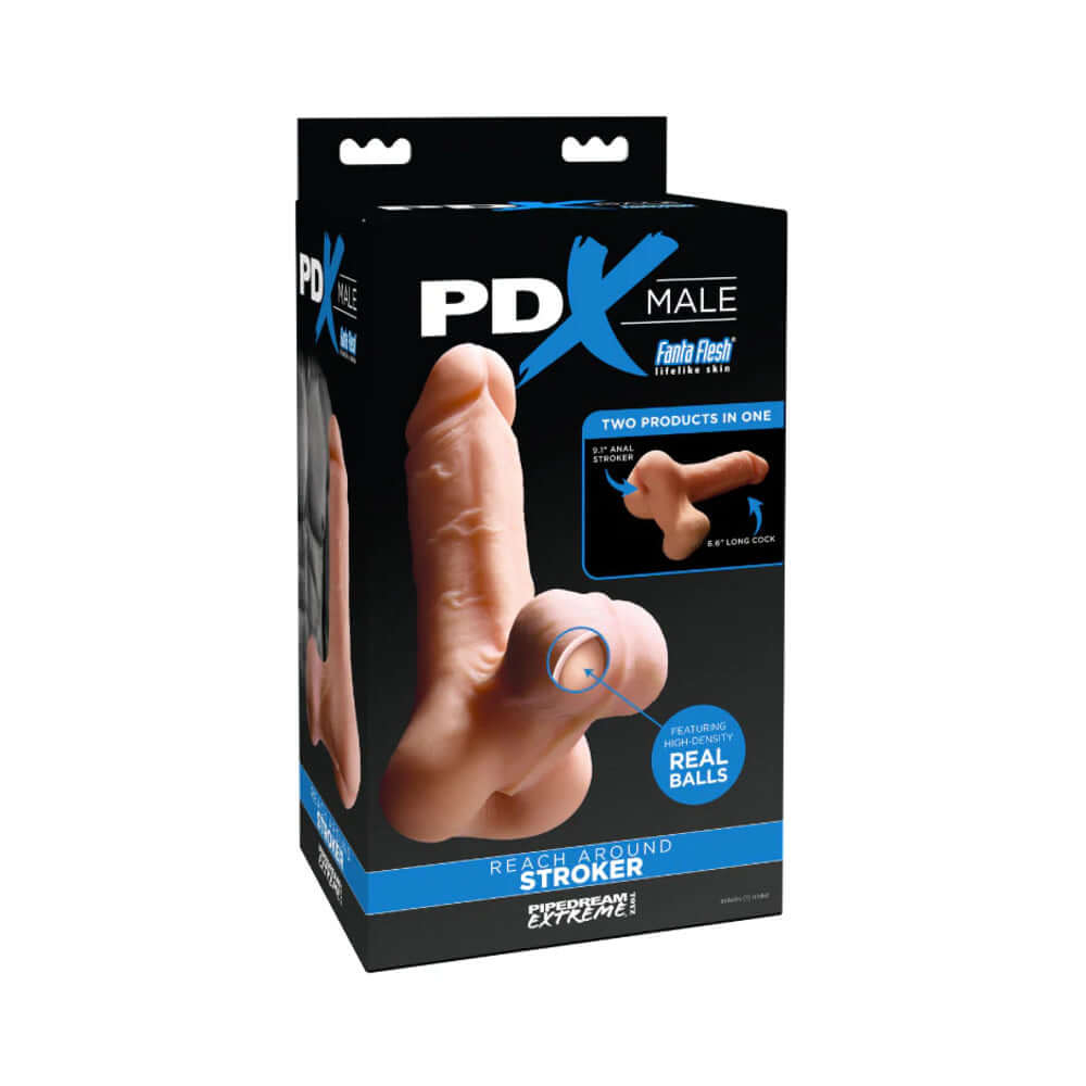 PDX Male Reach Around Anal Stroker & Realistic Cock Beige product packaging, featuring dual-function design and realistic appearance.