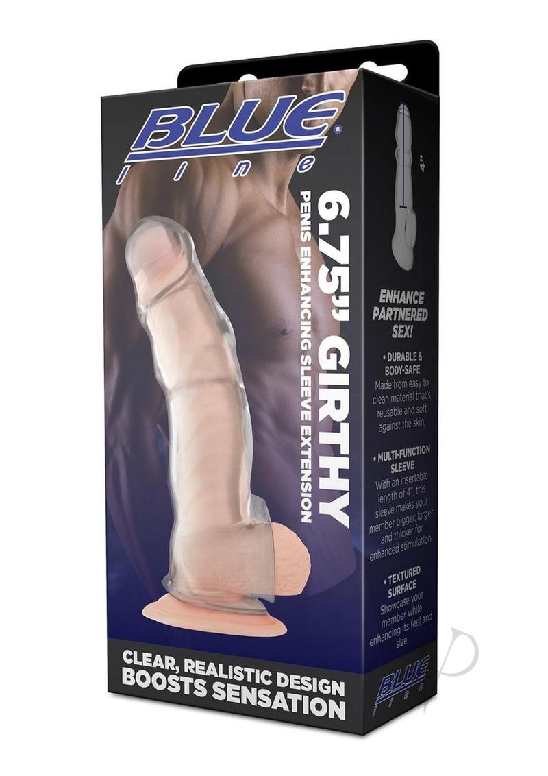 Blue Line Girthy Penis Sleeve Extension 6.75 Inch Clear packaging showcasing its clear design and enhancement features.