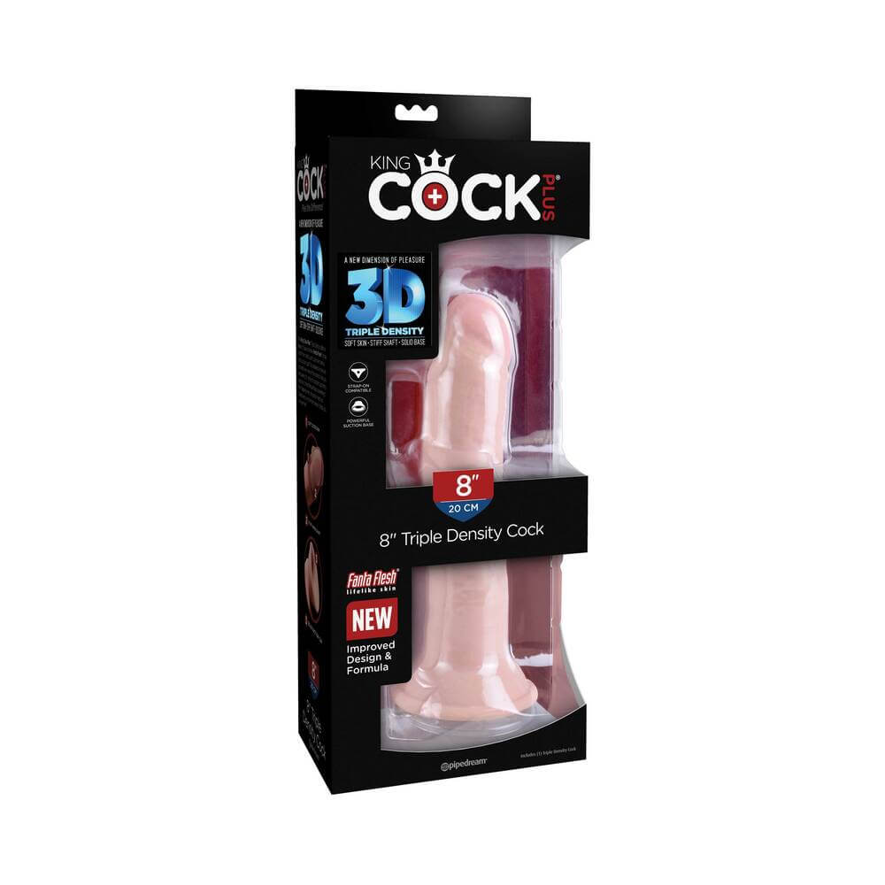 King Cock Plus 8 inch Triple Density Cock Realistic Dildo Beige in packaging showing realistic design and features.