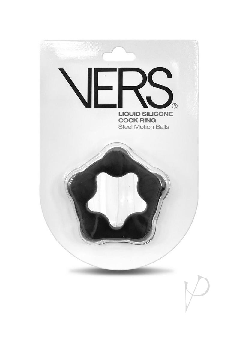 Vers Liquid Silicone Cock Ring Steel Motion Balls Black packaging with product details.