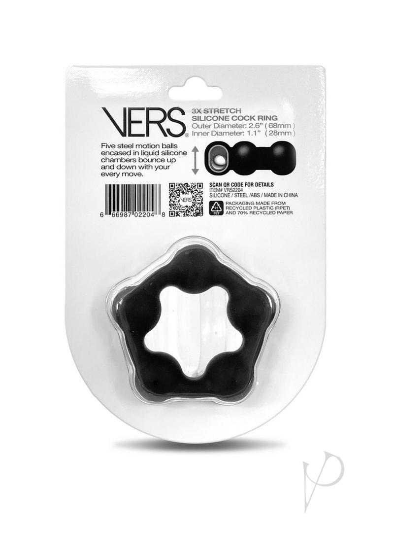 Vers Liquid Silicone Cock Ring Steel Motion Balls Black packaging showcasing the innovative design and features.