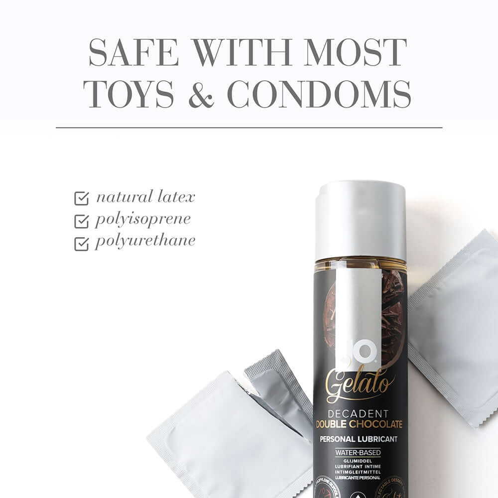JO Gelato Decadent Double Chocolate Water-Based Lubricant 4 Oz with safety information for toys and condoms.