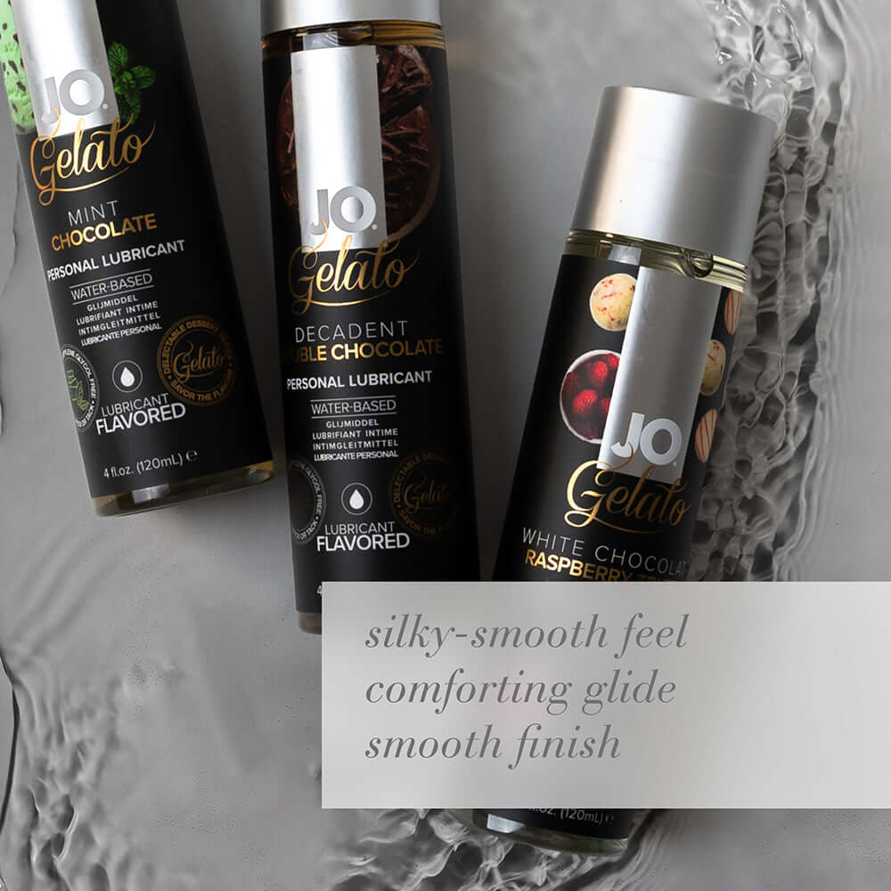 JO Gelato Decadent Double Chocolate Water-Based Lubricant 4 Oz displayed alongside other flavored lubricants.