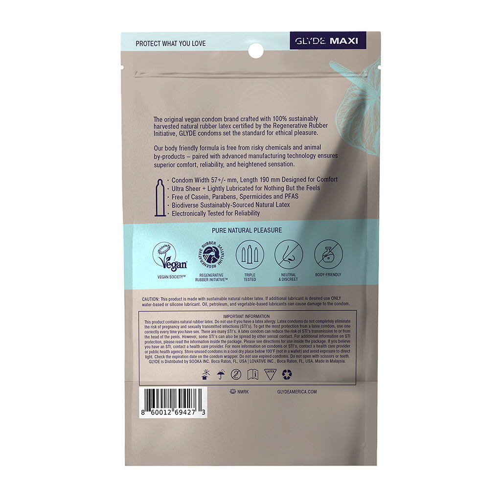 Glyde Maxi Large/XL Ultra-Thin Latex Condoms 12pk product packaging displaying vegan certification and usage details.