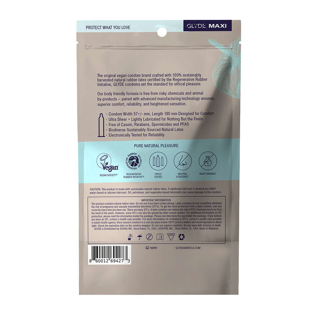 Glyde Maxi Large/XL Ultra-Thin Latex Condoms 12pk product packaging displaying vegan certification and usage details.