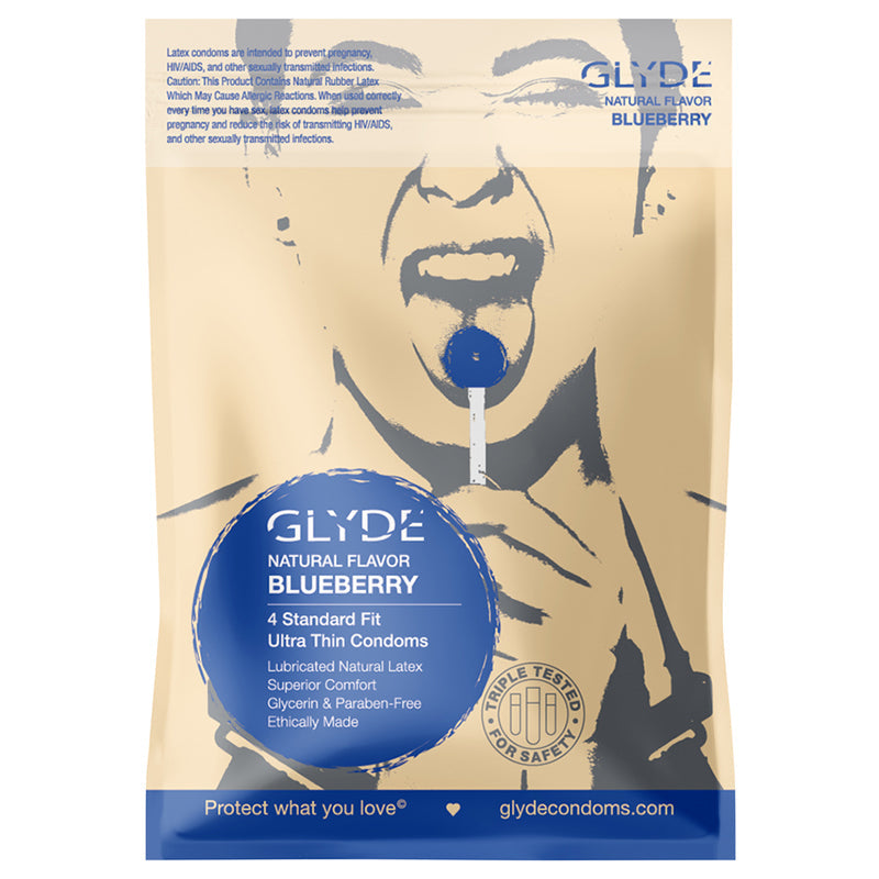 Glyde Ultra Natural Flavor Condom Blueberry 4 Pack packaging with blueberry flavor illustration and product details.
