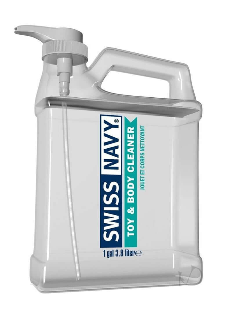 Swiss Navy Toy & Body Cleaner 1 Gallon packaging, featuring a pump for easy dispensing and a clear design.