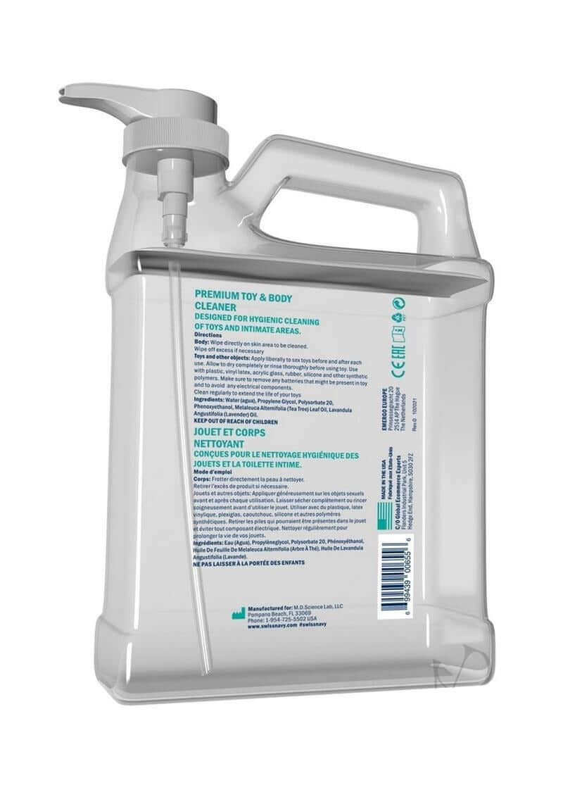 Swiss Navy Toy & Body Cleaner 1 Gallon with tea tree oil for effective cleaning of toys and skin.
