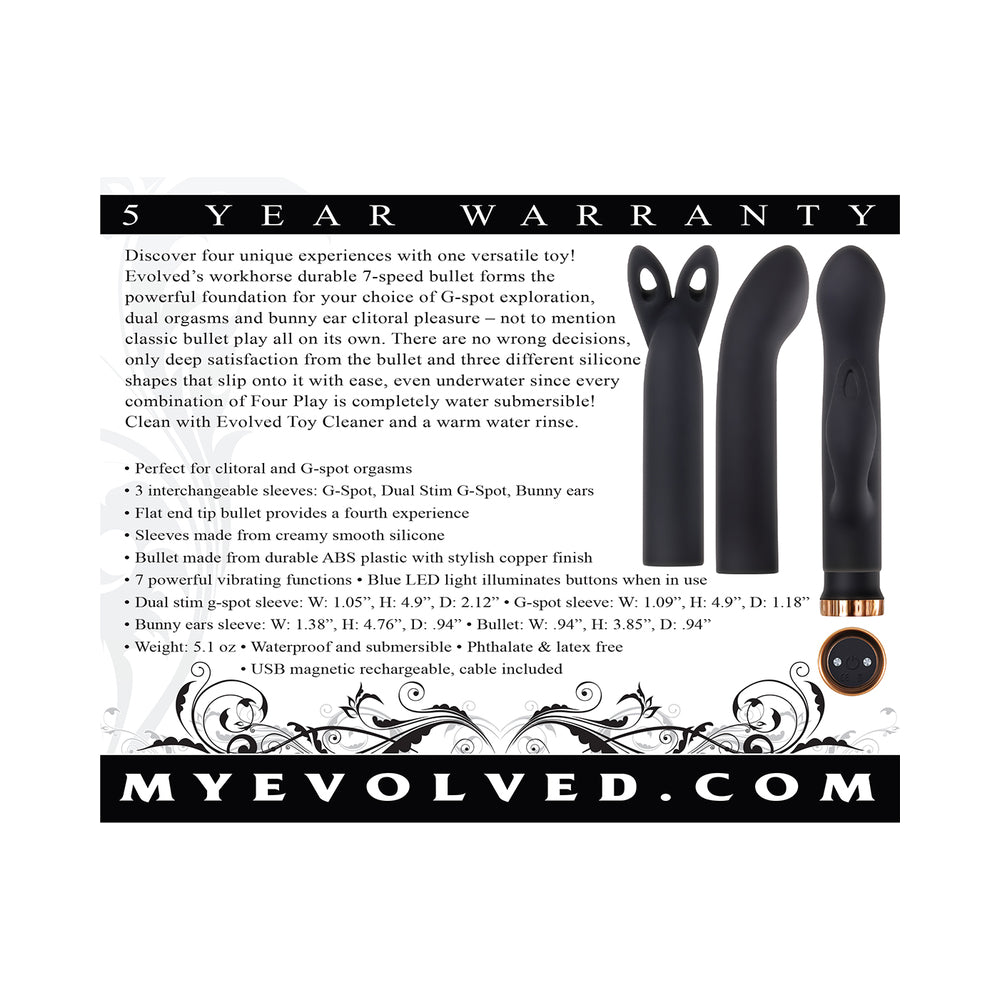 Evolved Four Play Rechargeable Silicone Bullet Vibrator and 3-Piece Sleeve Set Black