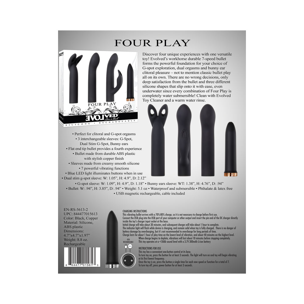 Evolved Four Play Rechargeable Silicone Bullet Vibrator and 3-Piece Sleeve Set Black