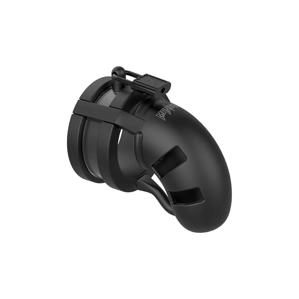 Mancage Model 18 Chastity 3.5 inch Silicone Cage Ballsplitter Black side view on a white background.