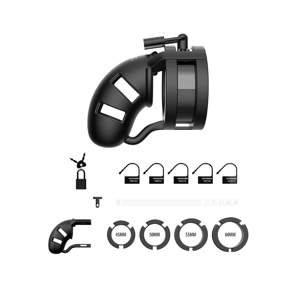 Mancage Model 18 Chastity 3.5 inch Silicone Cage Ballsplitter Black with accessories, lock and sizing rings arranged.