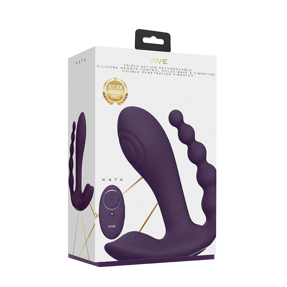 Kata Pulse Wave Double Penetration Vibrator Purple packaging featuring silicone design and remote control.