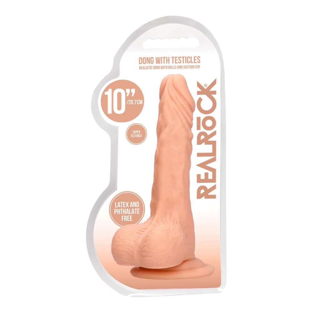 Realrock Dong With Testicles 10 inch Flesh in packaging showing realistic design and features.