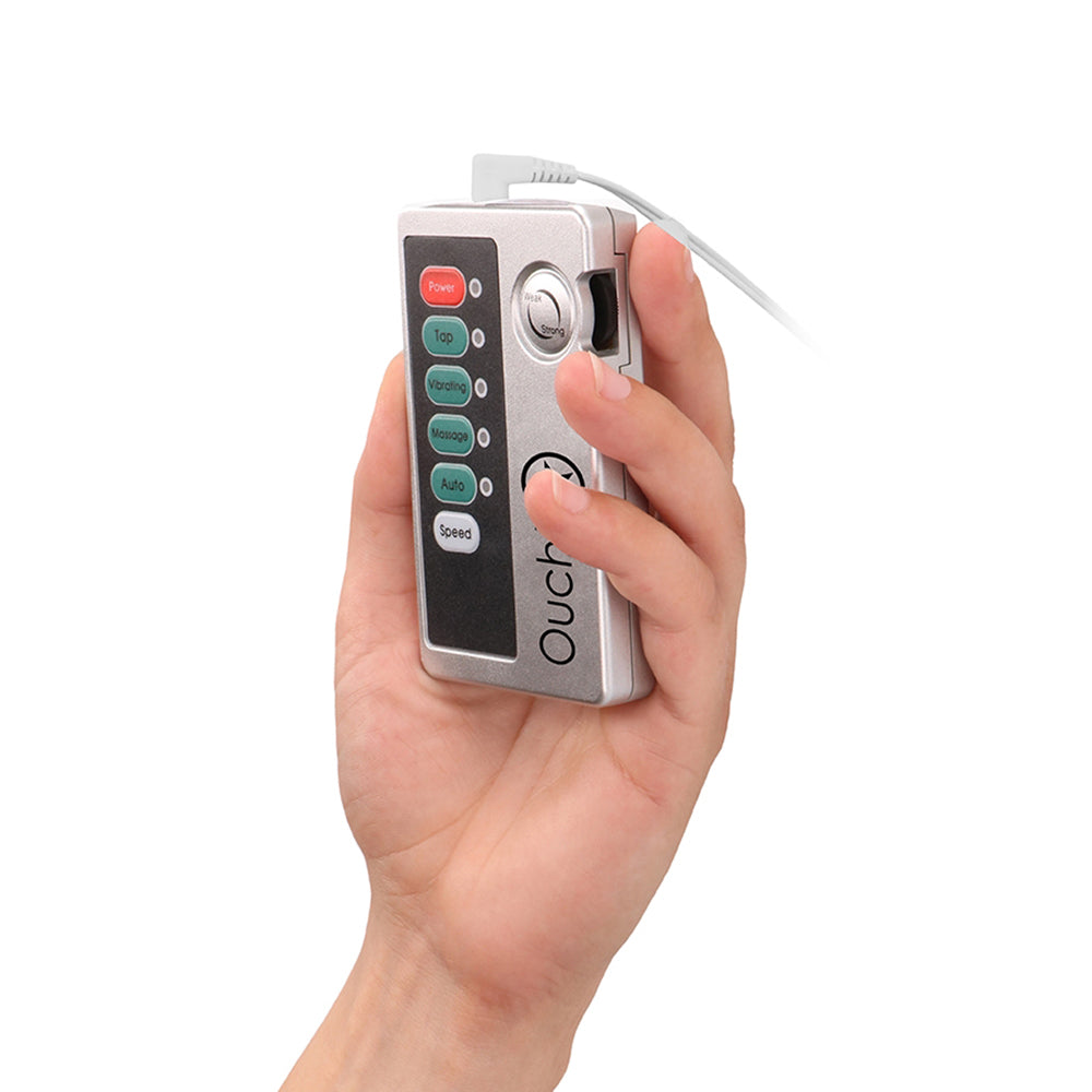 Shots Toys E-stim Urethral Sounding Set Small Silver handheld device for electro-stimulation and urethral sounding.