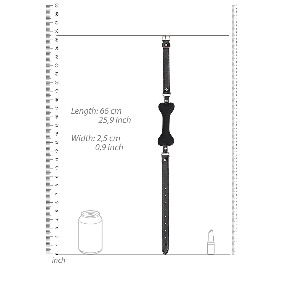 Ouch Silicone Bone Gag with Bonded Leather Straps dimensions and features chart, showcasing size and design details.