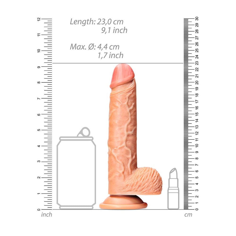 RealRock 8 inch Realistic Dildo with Balls Suction Cup Tan shown with size comparisons to a can and spray bottle.