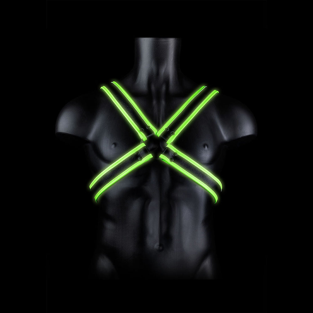 Ouch Cross Harness Glow In The Dark L XL on a mannequin showcasing its fluorescent design and cross-style fit.