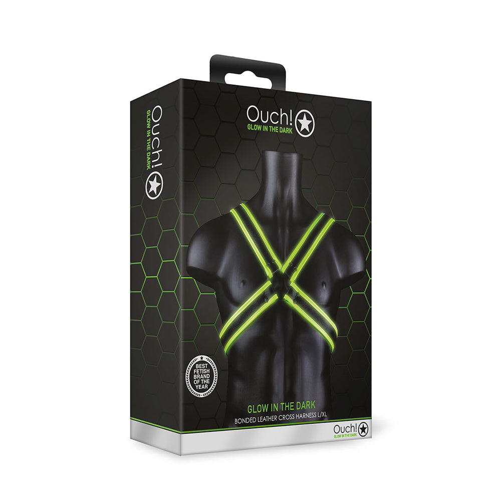Ouch Cross Harness Glow In The Dark L XL packaging showcasing the bold bondage-inspired design and fluorescent details.